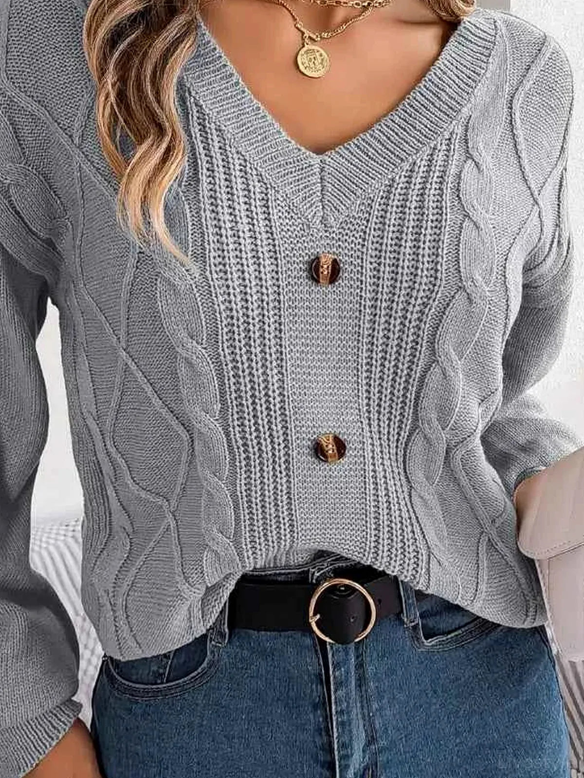 Cable-Knit Buttoned V-Neck Sweater — detail view — Livostyle