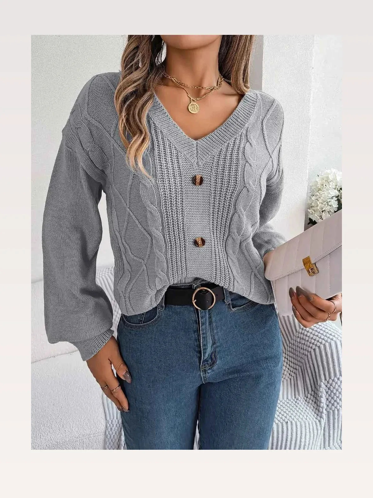 Cable-Knit Buttoned V-Neck Sweater — styled showcase — Livostyle