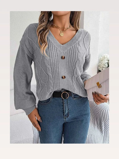 Cable-Knit Buttoned V-Neck Sweater — styled showcase — Livostyle