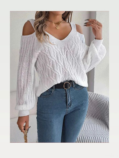 Cable-Knit Cold Shoulder Long Sleeve Sweater — styled showcase — Livostyle