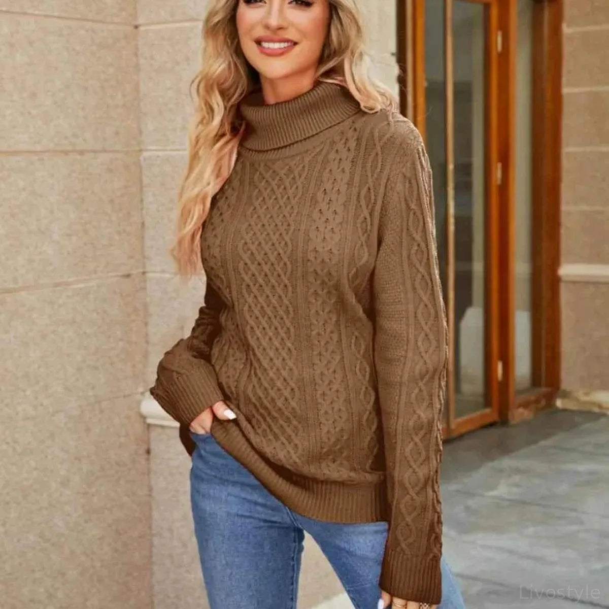 Cable-Knit Mock Neck Sweater — square view — Livostyle