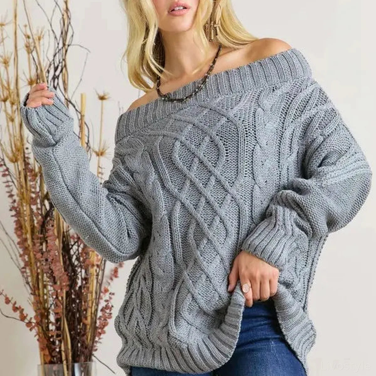 Stylish & Cozy Off-Shoulder Cable Knit Sweater — square view — Livostyle