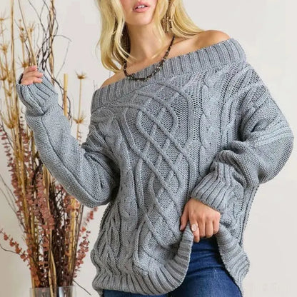 Stylish & Cozy Off-Shoulder Cable Knit Sweater — square view — Livostyle