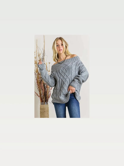 Stylish & Cozy Off-Shoulder Cable Knit Sweater — styled showcase — Livostyle