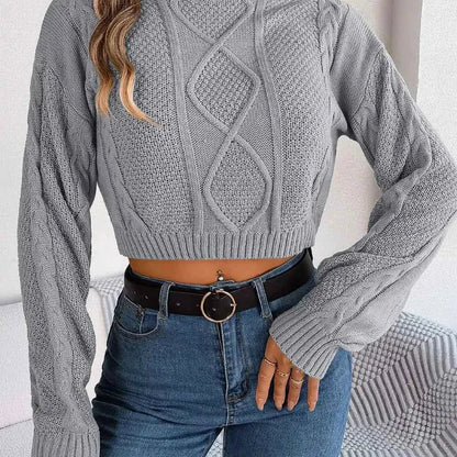Cable-Knit Round Neck Cropped Sweater — square view — Livostyle