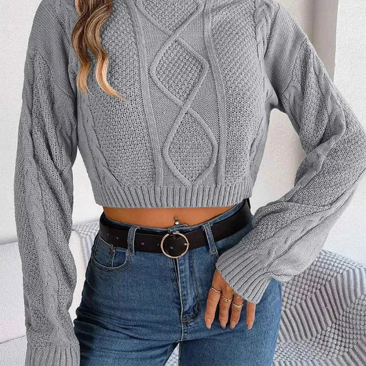 Cable-Knit Round Neck Cropped Sweater — square view — Livostyle