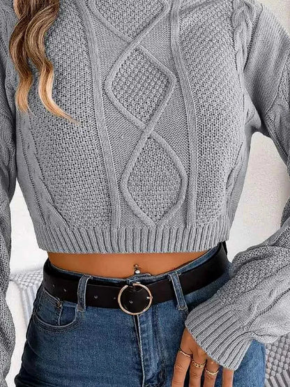 Cable-Knit Round Neck Cropped Sweater — detail view — Livostyle