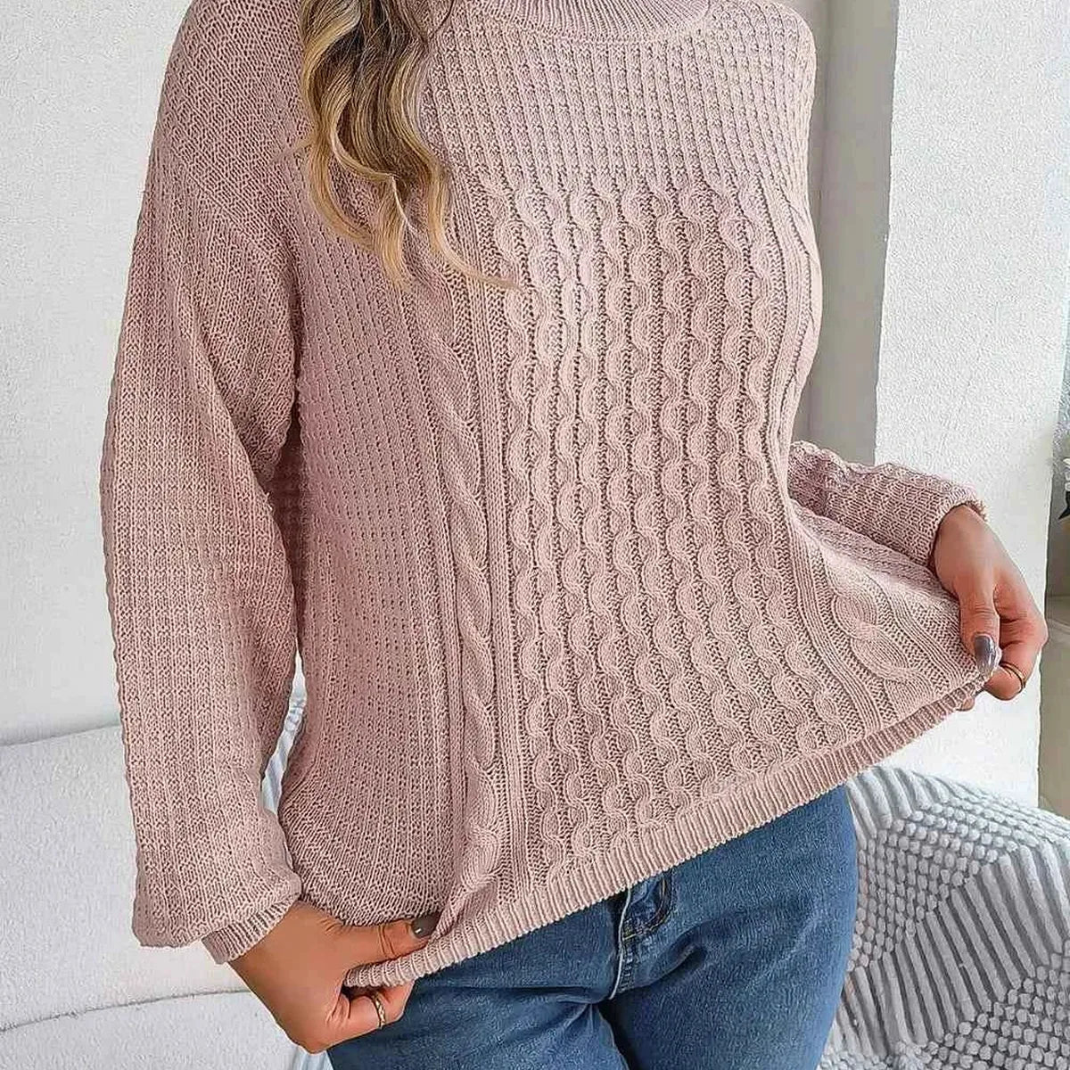 Cable-Knit Round Neck Long Sleeve Sweater — square view — Livostyle