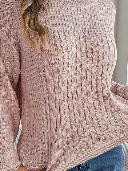 Cable-Knit Round Neck Long Sleeve Sweater — detail view — Livostyle