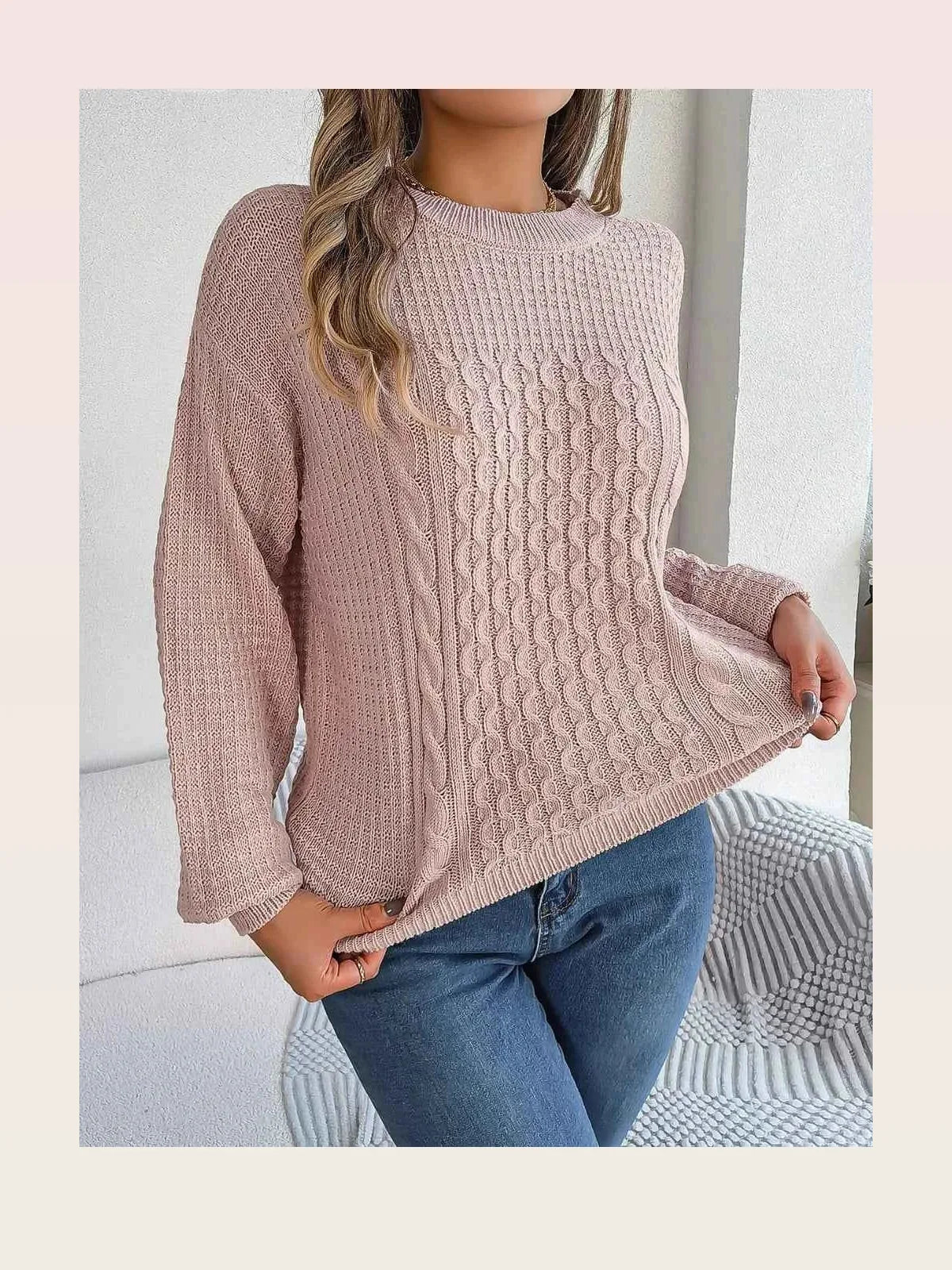 Cable-Knit Round Neck Long Sleeve Sweater — styled showcase — Livostyle