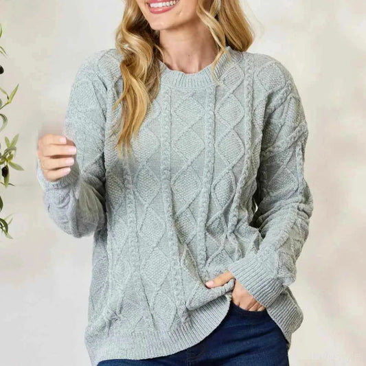 Cable Knit Round Neck Sweater — square view — Livostyle