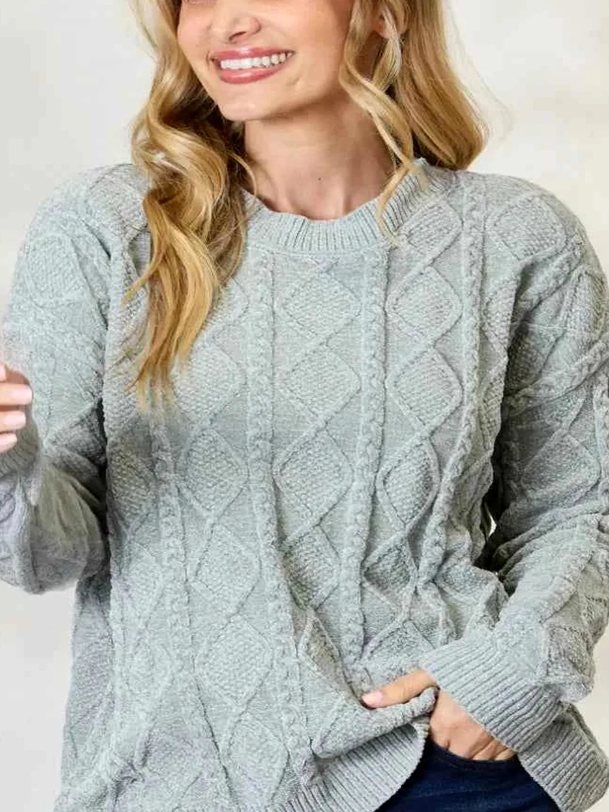 Cable Knit Round Neck Sweater — detail view — Livostyle