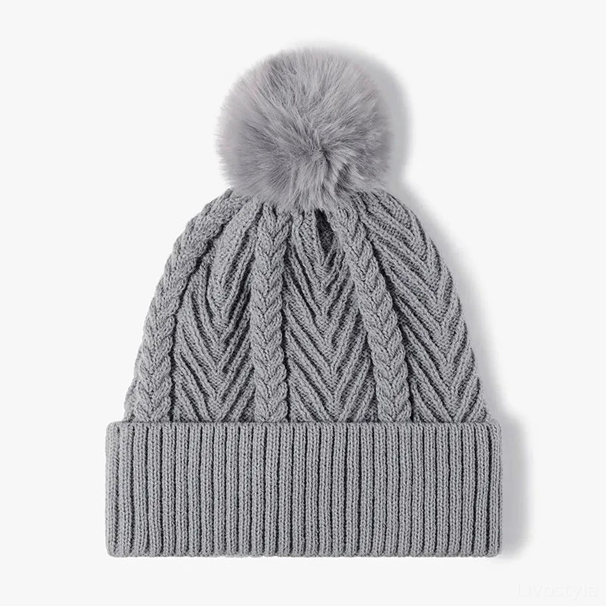 Cable Knit Solid Color Hat with Pompom — square view — Livostyle