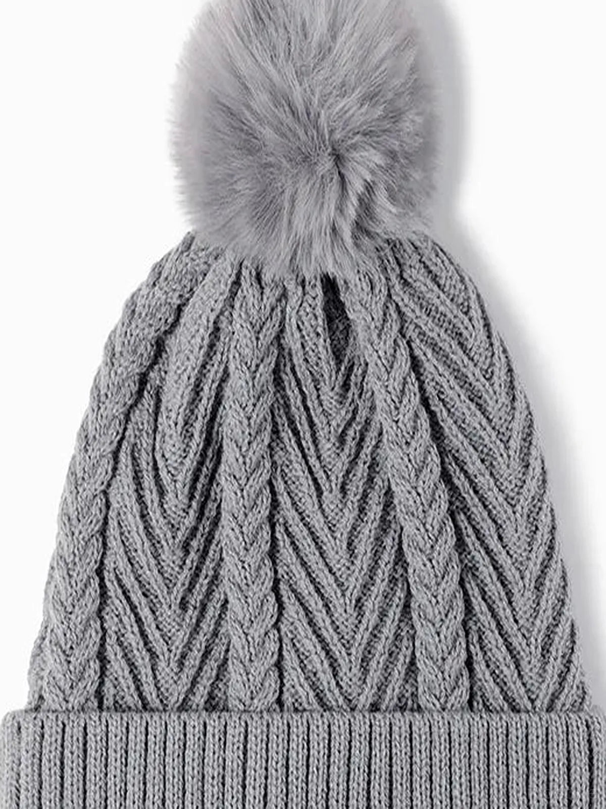 Cable Knit Solid Color Hat with Pompom — detail view — Livostyle