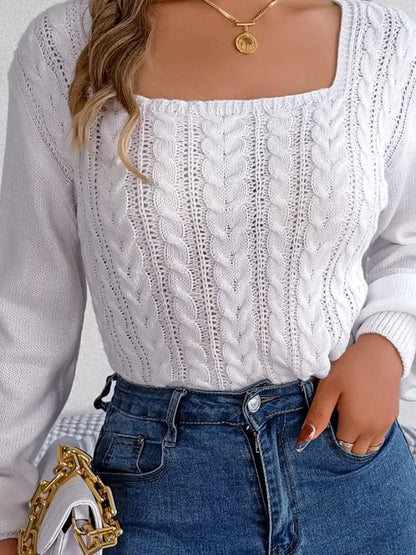 Cable-Knit Square Neck Long Sleeve Sweater — detail view — Livostyle