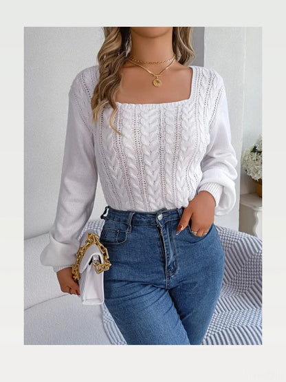 Cable-Knit Square Neck Long Sleeve Sweater — styled showcase — Livostyle