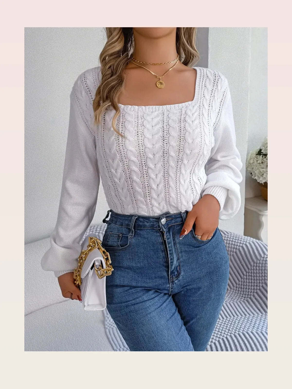 Cable-Knit Square Neck Long Sleeve Sweater — styled showcase — Livostyle
