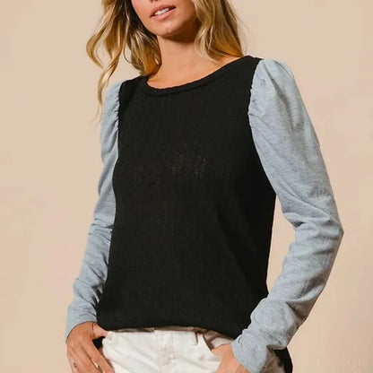 Stylish Contrast Puff Sleeve Cable Knit Top — square view — Livostyle