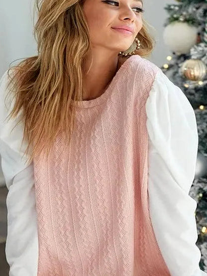 Chic Contrast Puff Sleeve Cable Knit Top — detail view — Livostyle