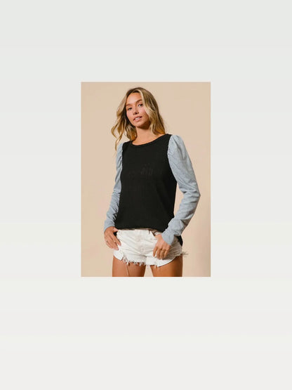 Stylish Contrast Puff Sleeve Cable Knit Top — styled showcase — Livostyle