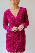 Sequin Surplice Long Sleeve Mini Dress — Livostyle