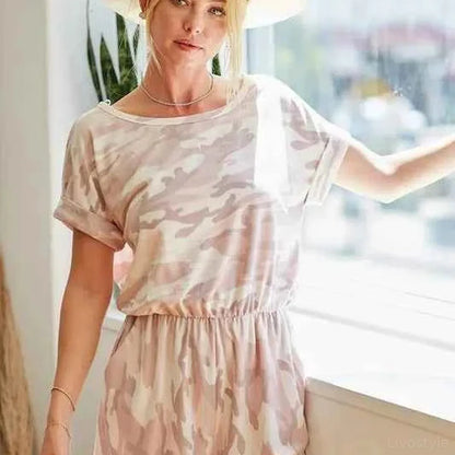 Camo Print French Terry Romper with Side Pockets — square view — Livostyle