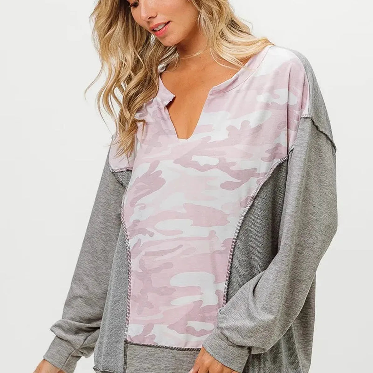 Camo & Color Block French Terry Top: Trendy & Comfortable — square view — Livostyle