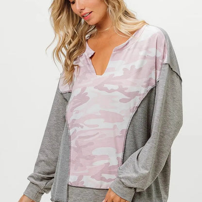 Camo & Color Block French Terry Top: Trendy & Comfortable — square view — Livostyle