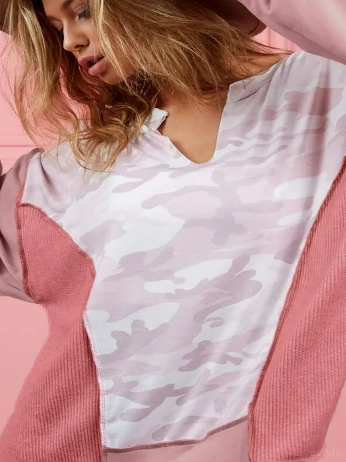 Stylish Camo Print Color Block Top in French Terry Knit — detail view — Livostyle