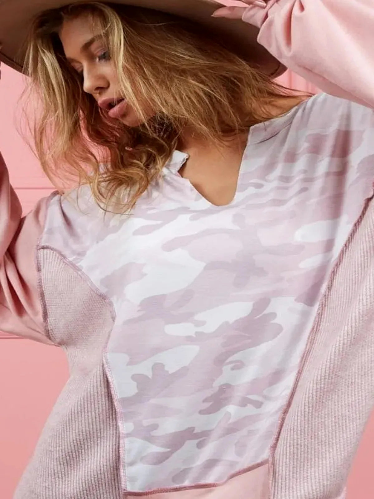 Stylish Camo Color Block Top in French Terry Knit — detail view — Livostyle