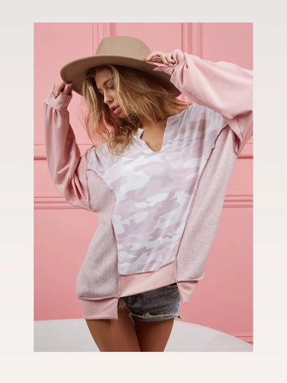 Stylish Camo Color Block Top in French Terry Knit — styled showcase — Livostyle