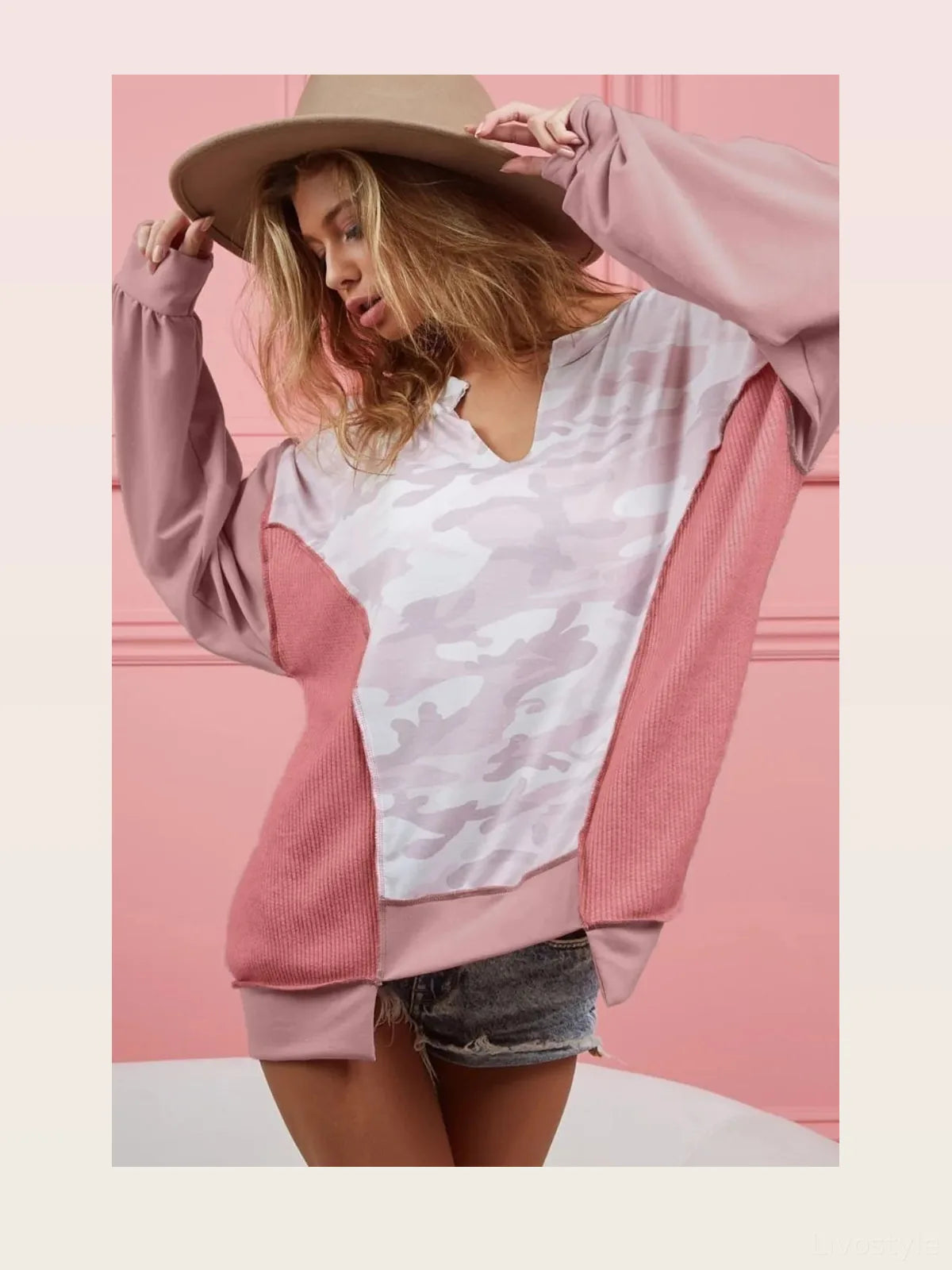 Stylish Camo Print Color Block Top in French Terry Knit — styled showcase — Livostyle