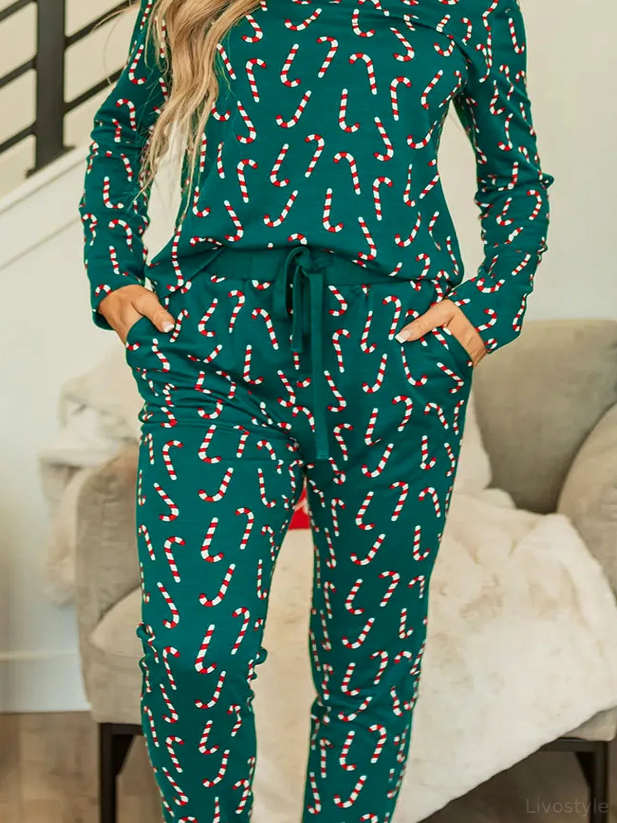 Candy Cane Print Round Neck Top and Pants Lounge Set — detail view — Livostyle