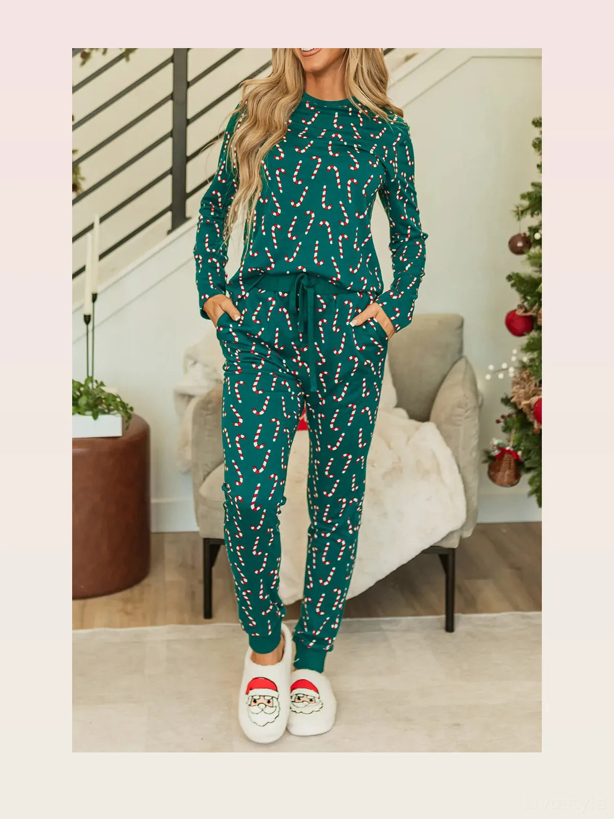 Candy Cane Print Round Neck Top and Pants Lounge Set — styled showcase — Livostyle