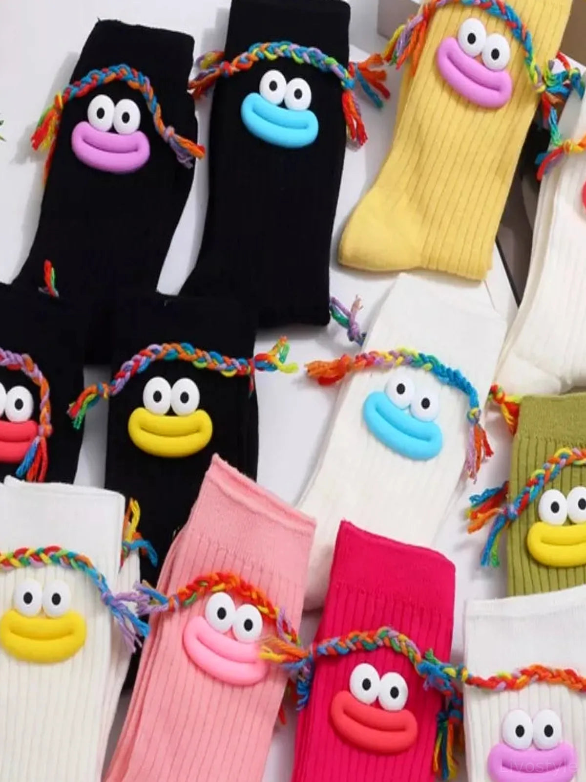 Cartoon Ribbed Knit Crew Socks in Colorful Crew — detail view — Livostyle