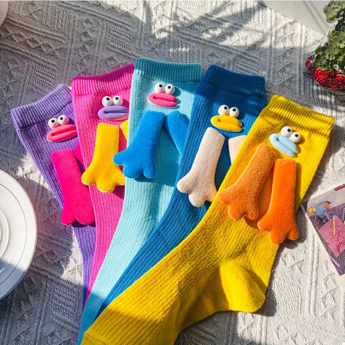 Cartoon Ribbed Knit Crew Socks in Blue Purple — square view — Livostyle