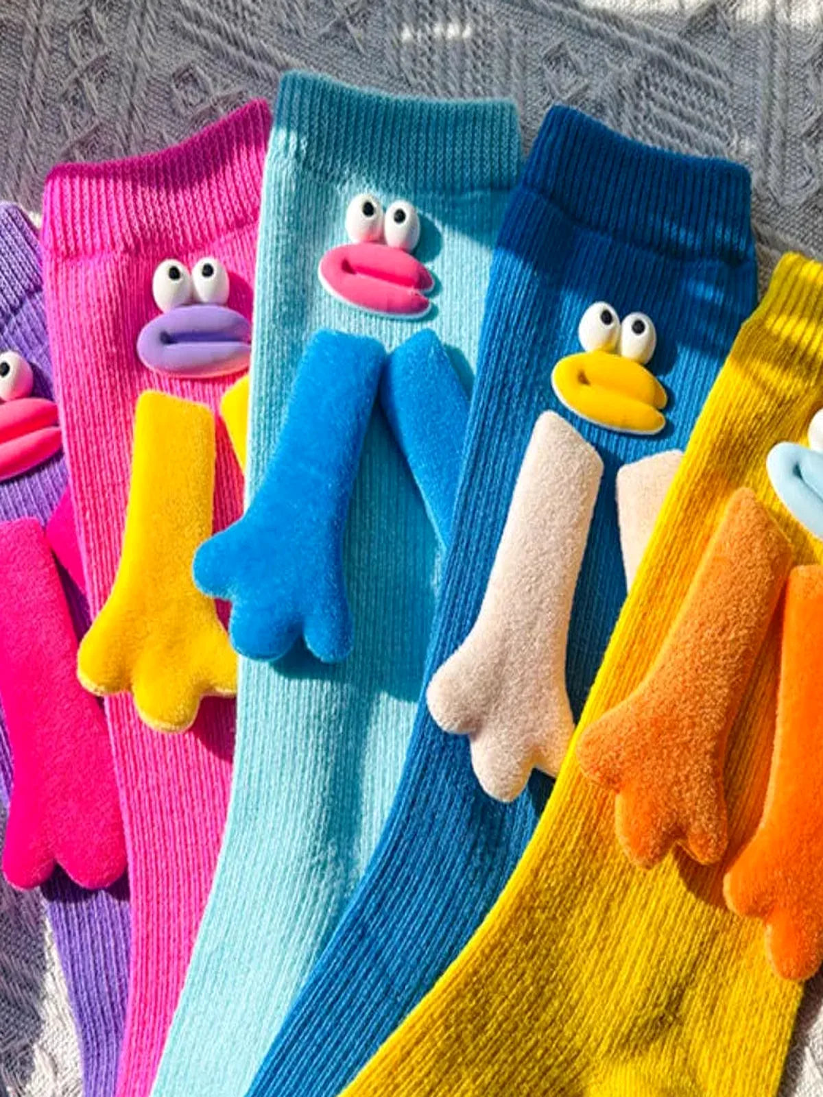 Cartoon Ribbed Knit Crew Socks in Blue Purple — detail view — Livostyle