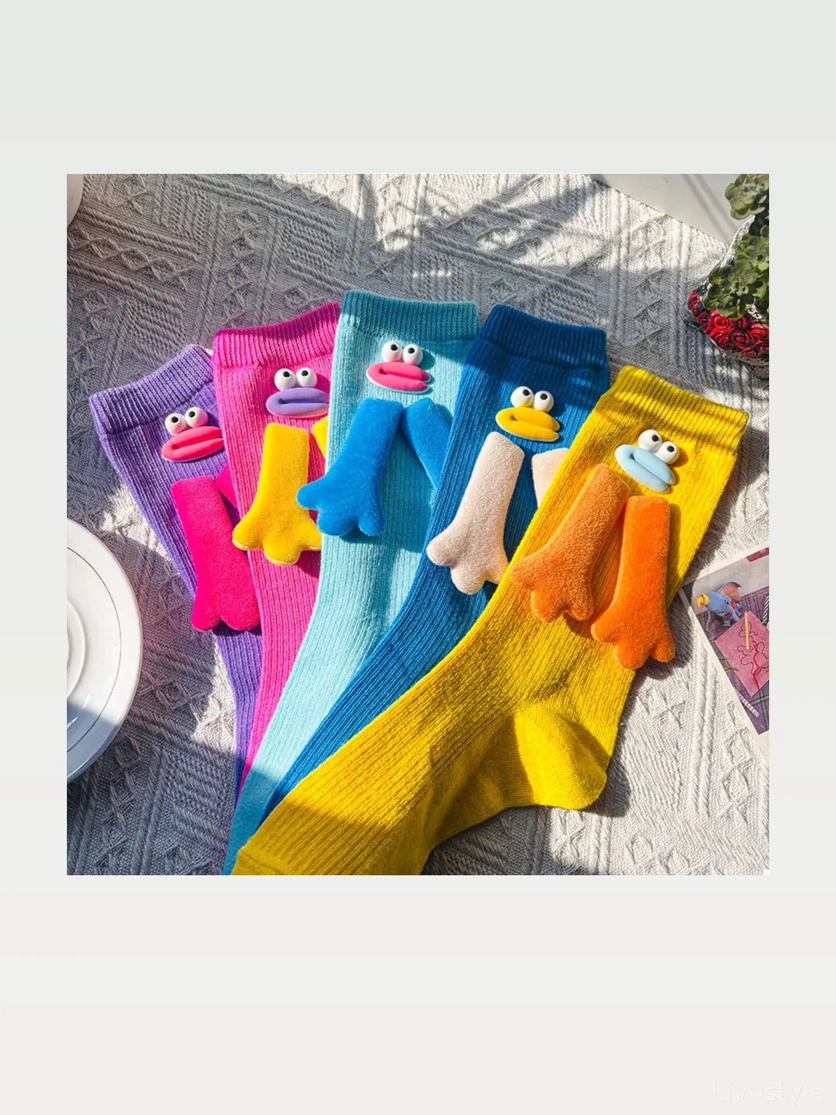 Cartoon Ribbed Knit Crew Socks in Blue Purple — styled showcase — Livostyle
