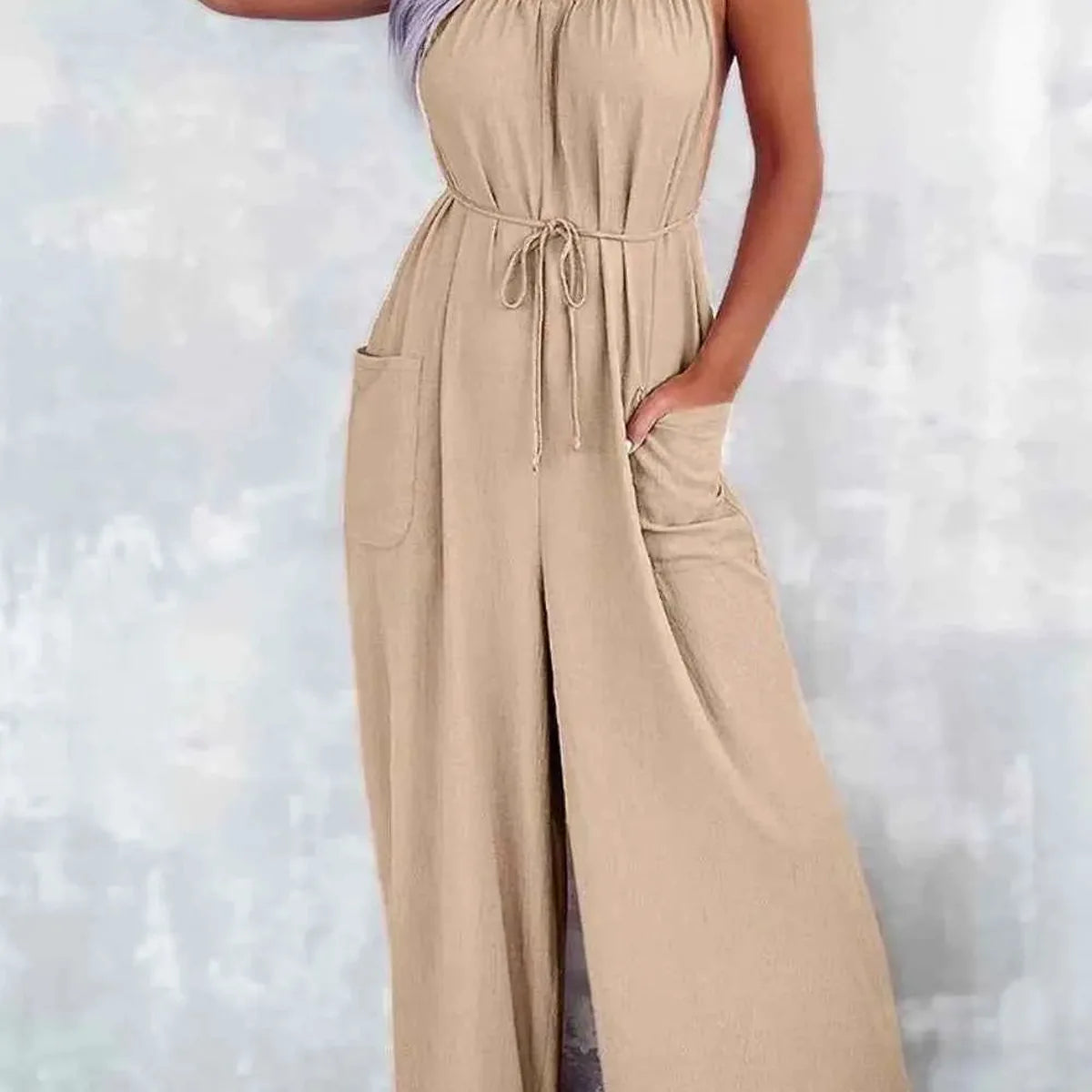 Casual Spaghetti Strap Wide Leg Jumpsuit with Pockets — square view — Livostyle