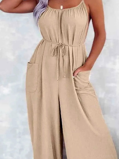 Casual Spaghetti Strap Wide Leg Jumpsuit with Pockets — detail view — Livostyle
