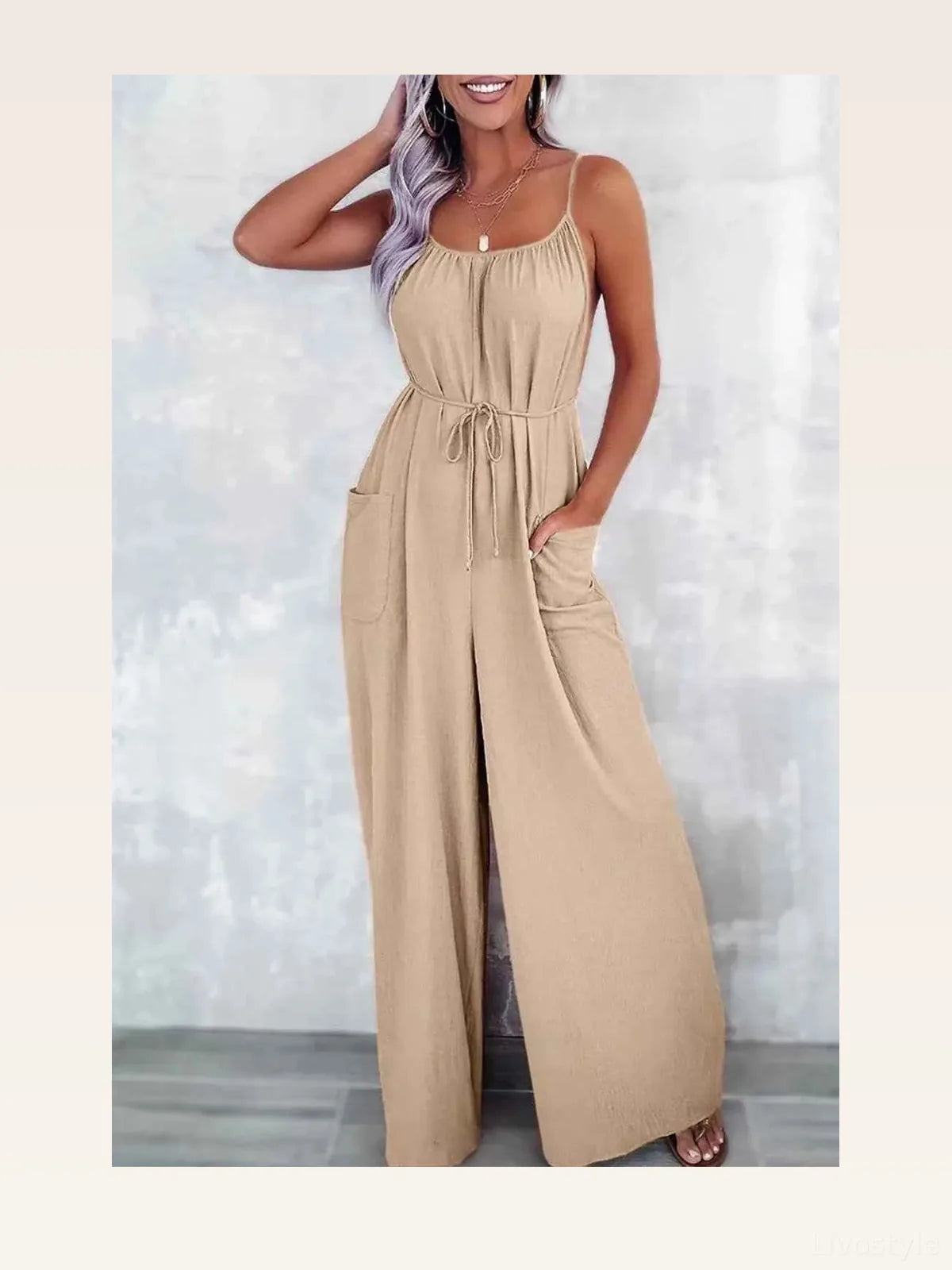 Casual Spaghetti Strap Wide Leg Jumpsuit with Pockets — styled showcase — Livostyle