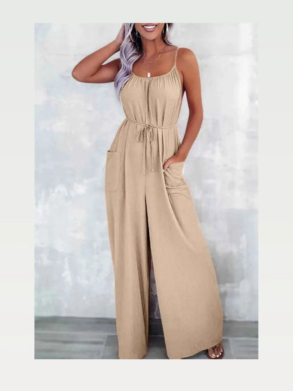 Casual Spaghetti Strap Wide Leg Jumpsuit with Pockets — styled showcase — Livostyle