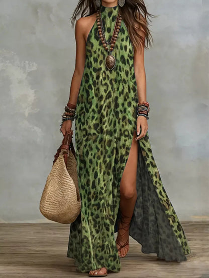 Leopard Print Sleeveless Maxi Dress with Side Slit in Green