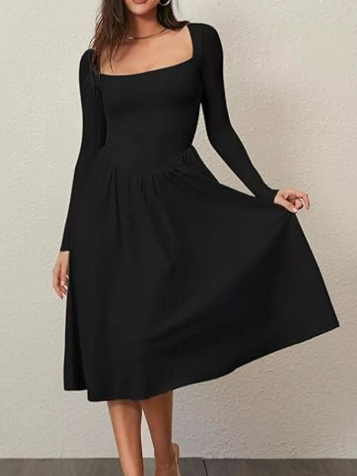 Square Neck Long Sleeve Midi Dress in Cotton Blend – photo 3