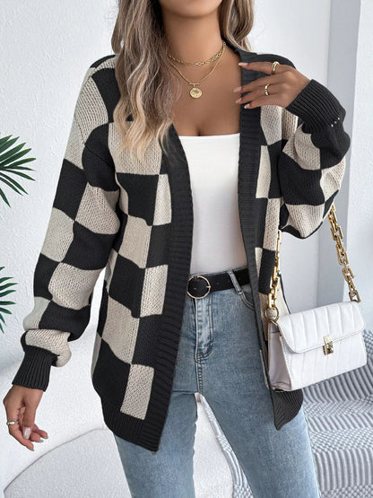 Checkered Pattern Open Front Cardigan closeup — Livostyle