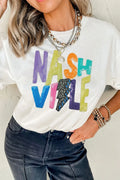 Lightening NASHVILLE Sequin Round Neck T-Shirt in White