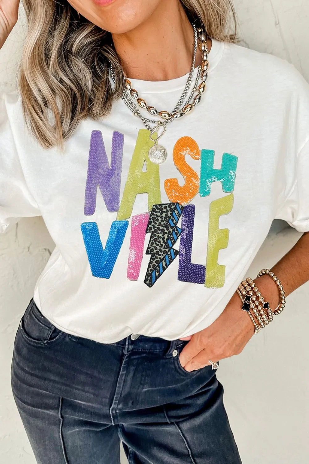 Lightening NASHVILLE Sequin Round Neck T-Shirt in White