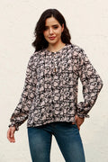 Elegant Floral Round Neck Blouse with Flounce Sleeves — Livostyle