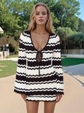Wavy Striped Tied Front Long Sleeve Cover-Up Dress — Livostyle