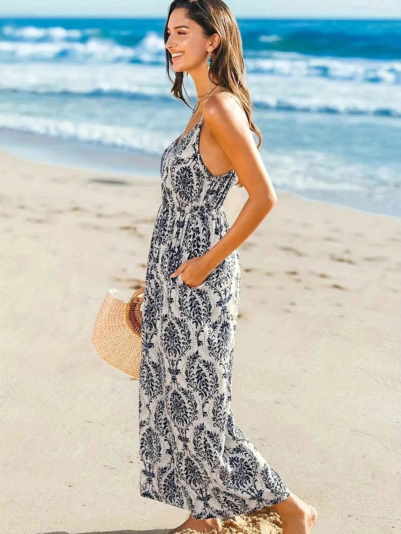Printed Spaghetti Strap Beach Jumpsuit